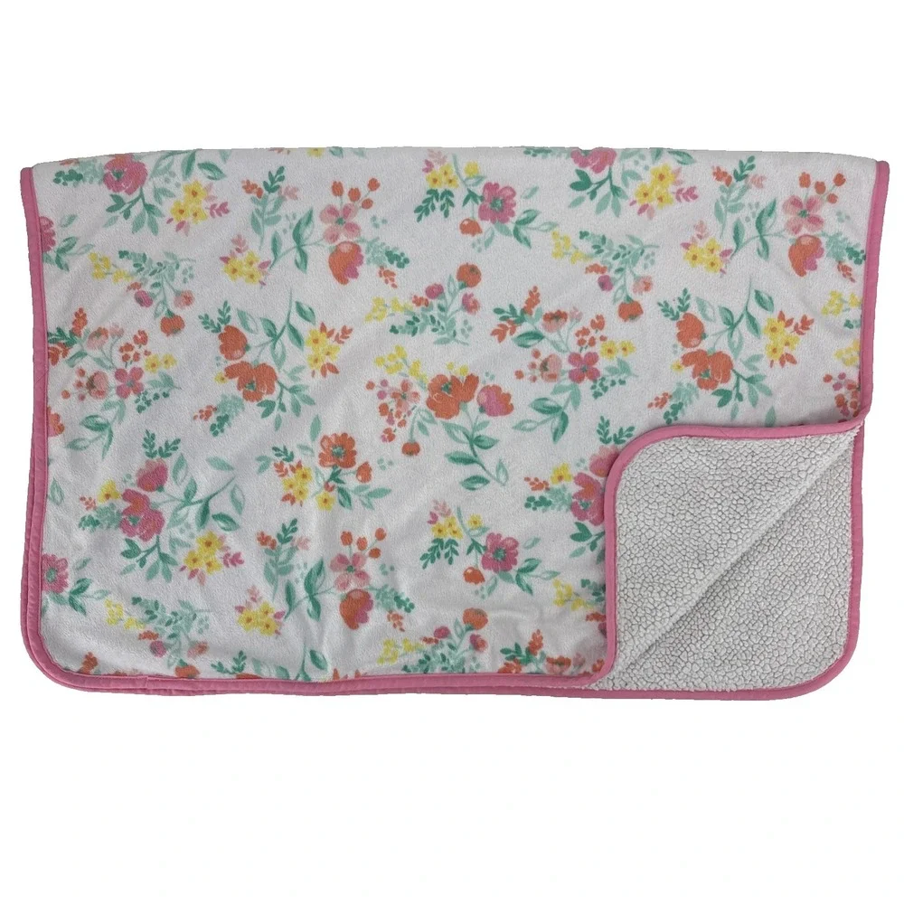 Carters‎ White Pink Trim Yellow Orange Green Floral Sherpa Baby Blanket